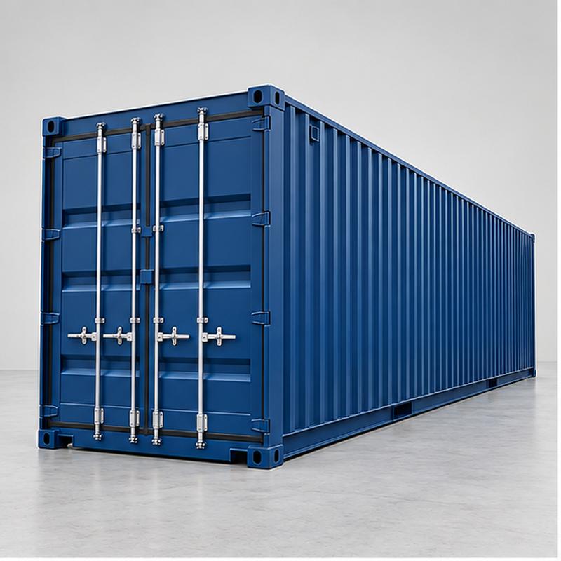 Contenedor de 40 pies High Cube, vista frontal en tres cuartos