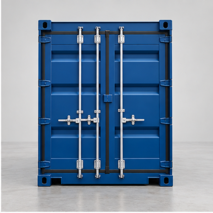 Contenedor de 40 pies High Cube, vista frontal con puertas cerradas