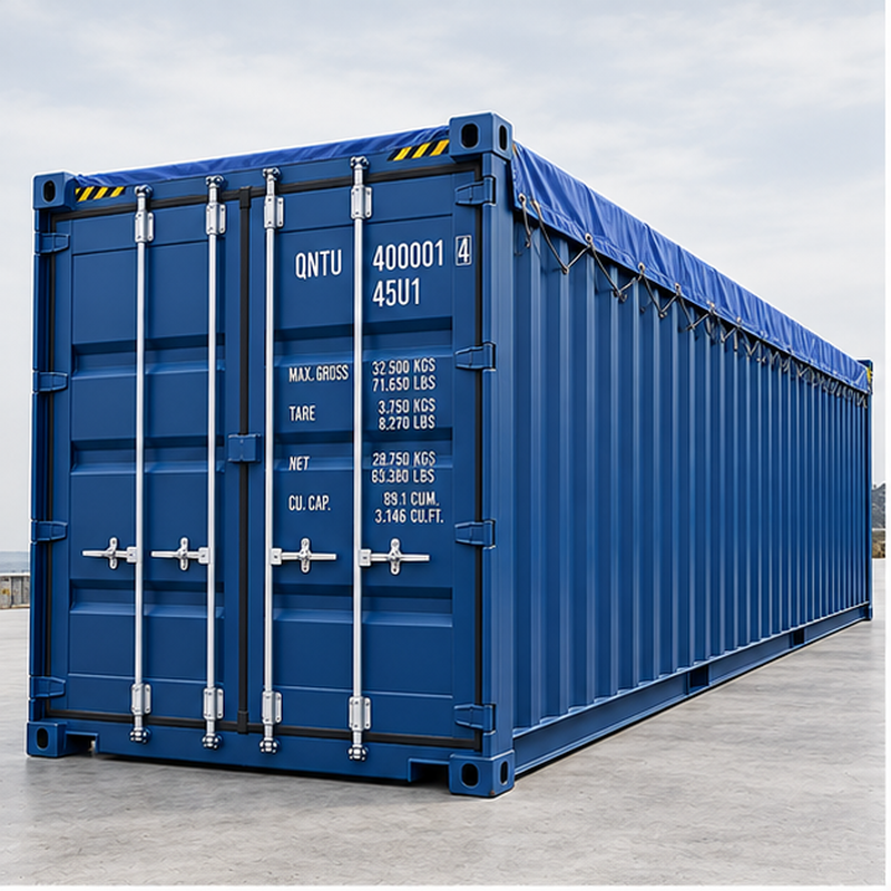 Contenedor Open Top de 40 pies con techo de lona - vista frontal 3/4 | Quantainer Barranquilla