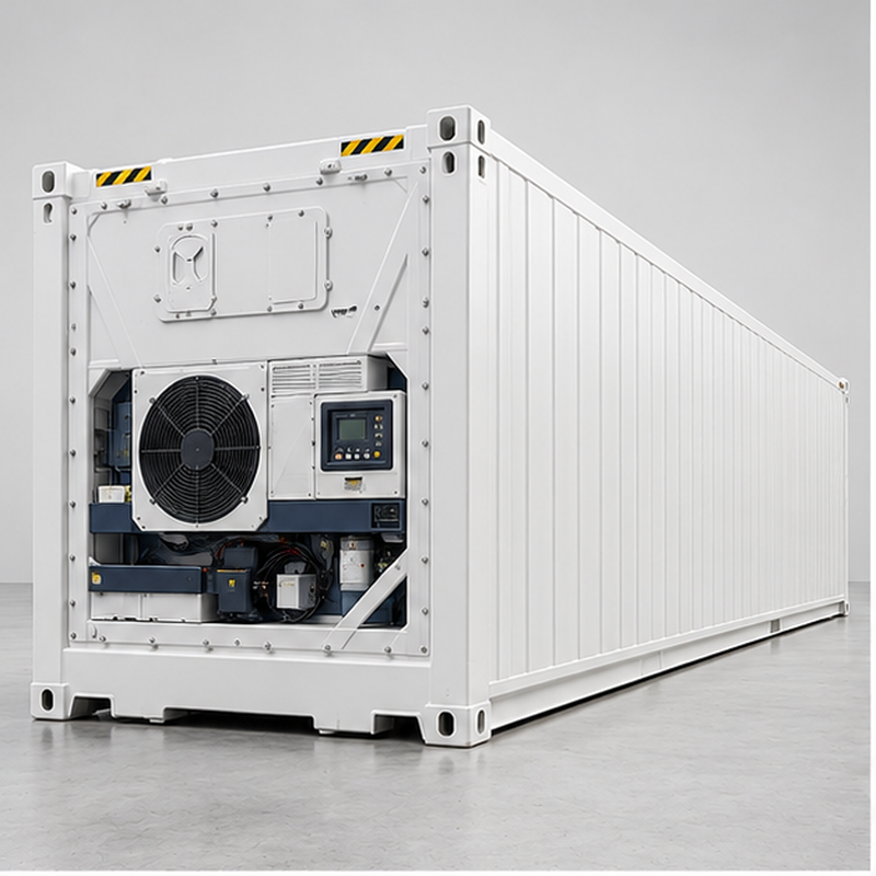 Contenedor refrigerado reefer de 40 pies - vista frontal con unidad de refrigeracion | Quantainer Barranquilla