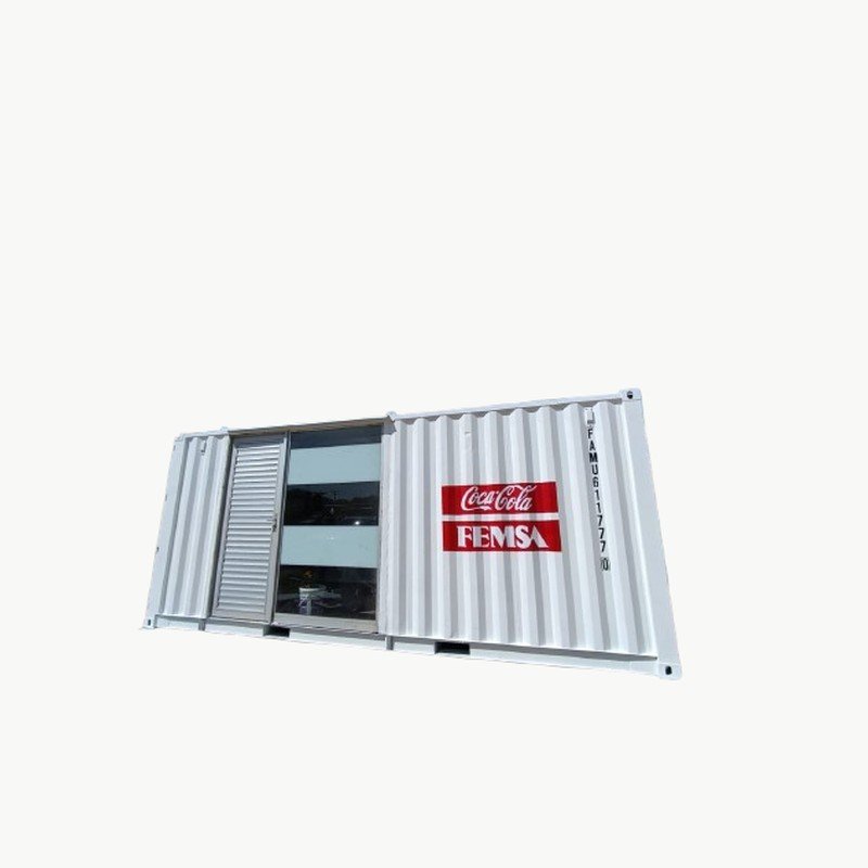 Vista frontal de oficina modular en contenedor de 20 pies